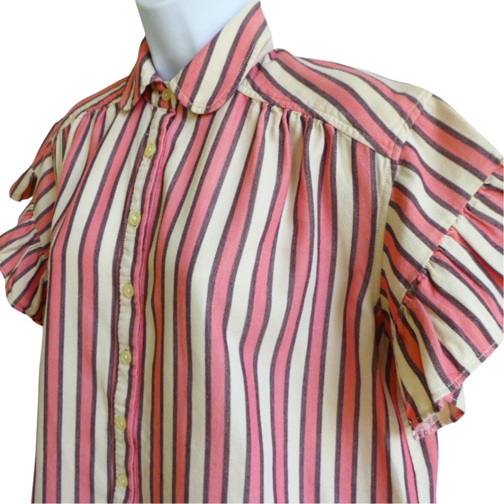 The Great Flounce Ruffle Sleeve Button Up Pink Taffy Stripe Cotton 00